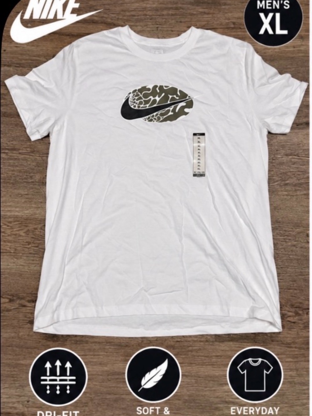 Nike White Short-Sleeve Tee with Olive Camo and Black Swoosh - Men’s XL